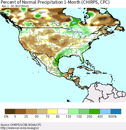 North America Percent of Normal Precipitation 1-Month (CHIRPS) Thematic Map For 4/1/2023 - 4/30/2023