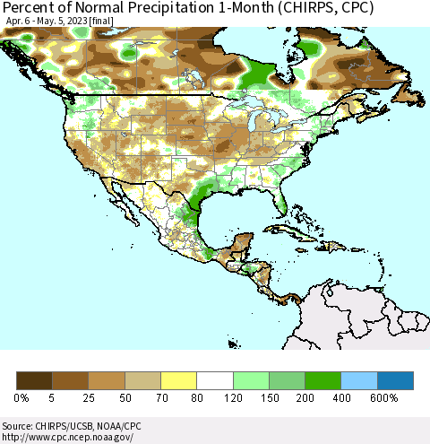 North America Percent of Normal Precipitation 1-Month (CHIRPS) Thematic Map For 4/6/2023 - 5/5/2023