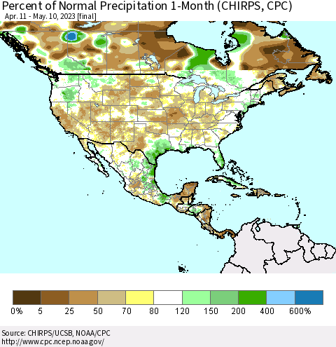 North America Percent of Normal Precipitation 1-Month (CHIRPS) Thematic Map For 4/11/2023 - 5/10/2023