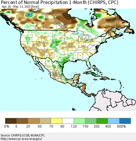 North America Percent of Normal Precipitation 1-Month (CHIRPS) Thematic Map For 4/16/2023 - 5/15/2023