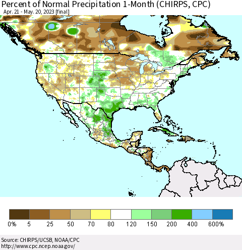 North America Percent of Normal Precipitation 1-Month (CHIRPS) Thematic Map For 4/21/2023 - 5/20/2023