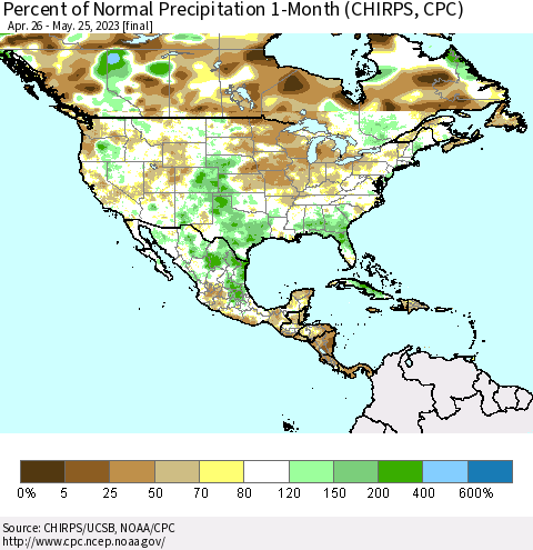 North America Percent of Normal Precipitation 1-Month (CHIRPS) Thematic Map For 4/26/2023 - 5/25/2023