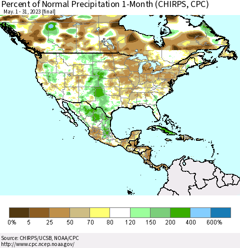 North America Percent of Normal Precipitation 1-Month (CHIRPS) Thematic Map For 5/1/2023 - 5/31/2023