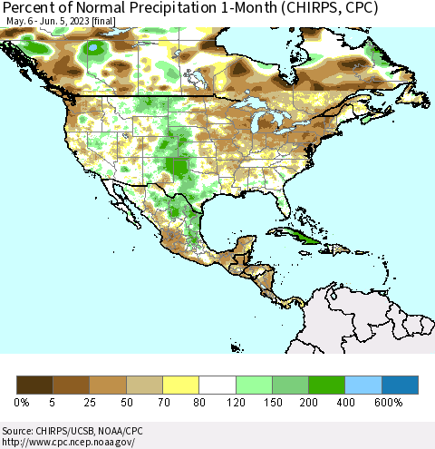 North America Percent of Normal Precipitation 1-Month (CHIRPS) Thematic Map For 5/6/2023 - 6/5/2023
