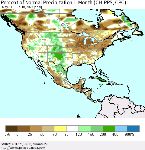 North America Percent of Normal Precipitation 1-Month (CHIRPS) Thematic Map For 5/11/2023 - 6/10/2023