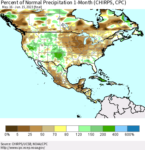 North America Percent of Normal Precipitation 1-Month (CHIRPS) Thematic Map For 5/16/2023 - 6/15/2023