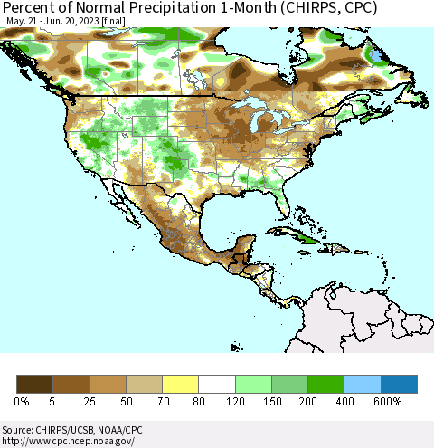 North America Percent of Normal Precipitation 1-Month (CHIRPS) Thematic Map For 5/21/2023 - 6/20/2023