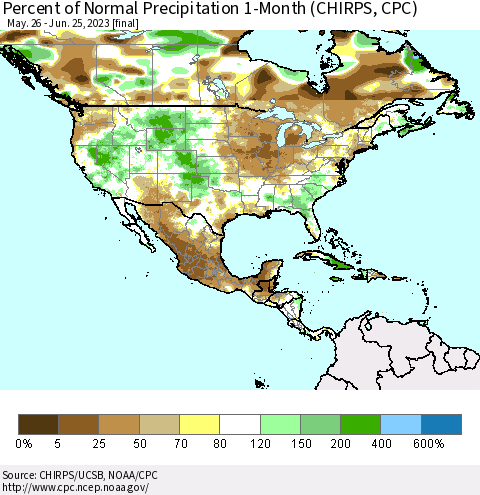 North America Percent of Normal Precipitation 1-Month (CHIRPS) Thematic Map For 5/26/2023 - 6/25/2023