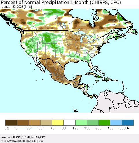 North America Percent of Normal Precipitation 1-Month (CHIRPS) Thematic Map For 6/1/2023 - 6/30/2023