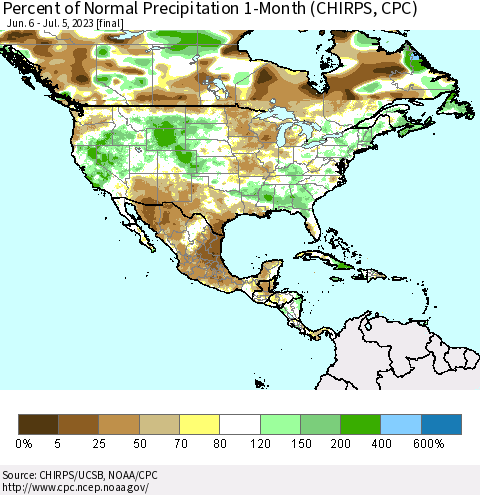 North America Percent of Normal Precipitation 1-Month (CHIRPS) Thematic Map For 6/6/2023 - 7/5/2023