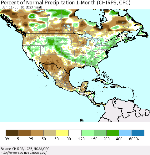 North America Percent of Normal Precipitation 1-Month (CHIRPS) Thematic Map For 6/11/2023 - 7/10/2023