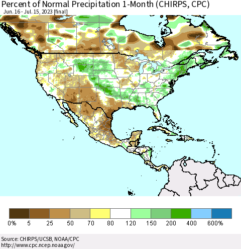 North America Percent of Normal Precipitation 1-Month (CHIRPS) Thematic Map For 6/16/2023 - 7/15/2023
