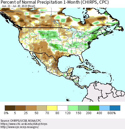 North America Percent of Normal Precipitation 1-Month (CHIRPS) Thematic Map For 6/21/2023 - 7/20/2023