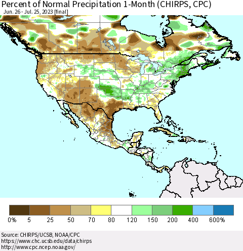 North America Percent of Normal Precipitation 1-Month (CHIRPS) Thematic Map For 6/26/2023 - 7/25/2023