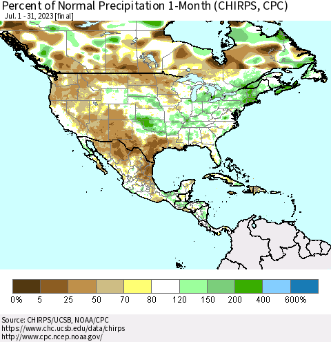 North America Percent of Normal Precipitation 1-Month (CHIRPS) Thematic Map For 7/1/2023 - 7/31/2023