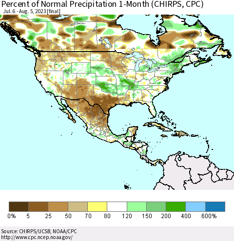 North America Percent of Normal Precipitation 1-Month (CHIRPS) Thematic Map For 7/6/2023 - 8/5/2023