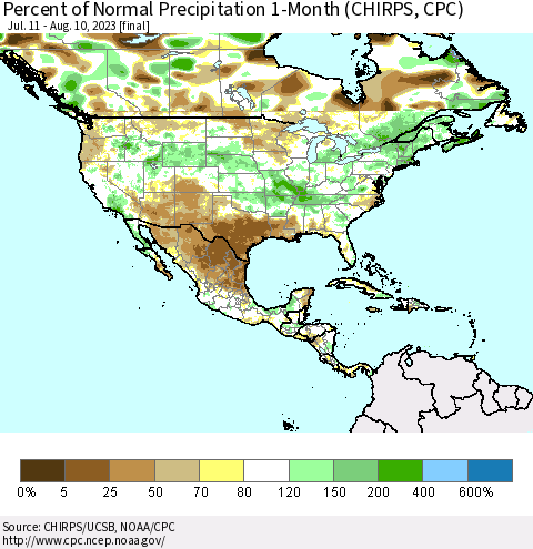 North America Percent of Normal Precipitation 1-Month (CHIRPS) Thematic Map For 7/11/2023 - 8/10/2023