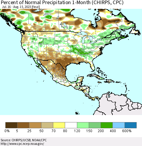 North America Percent of Normal Precipitation 1-Month (CHIRPS) Thematic Map For 7/16/2023 - 8/15/2023