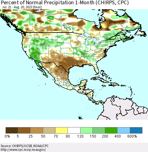North America Percent of Normal Precipitation 1-Month (CHIRPS) Thematic Map For 7/21/2023 - 8/20/2023