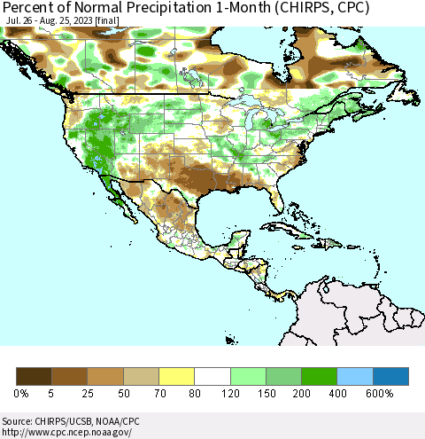 North America Percent of Normal Precipitation 1-Month (CHIRPS) Thematic Map For 7/26/2023 - 8/25/2023