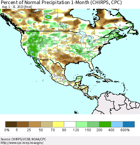 North America Percent of Normal Precipitation 1-Month (CHIRPS) Thematic Map For 8/1/2023 - 8/31/2023