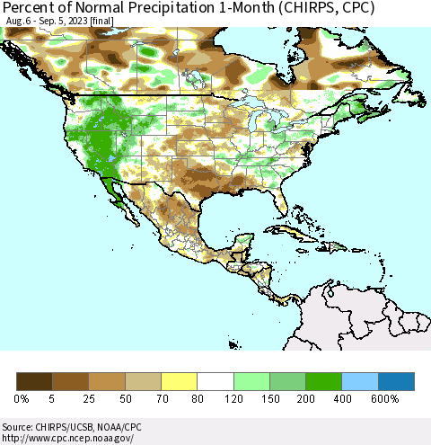 North America Percent of Normal Precipitation 1-Month (CHIRPS) Thematic Map For 8/6/2023 - 9/5/2023