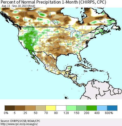 North America Percent of Normal Precipitation 1-Month (CHIRPS) Thematic Map For 8/11/2023 - 9/10/2023