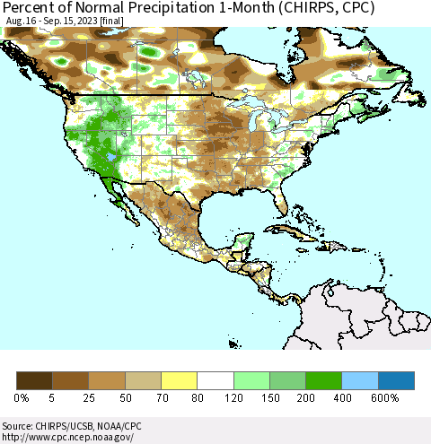 North America Percent of Normal Precipitation 1-Month (CHIRPS) Thematic Map For 8/16/2023 - 9/15/2023