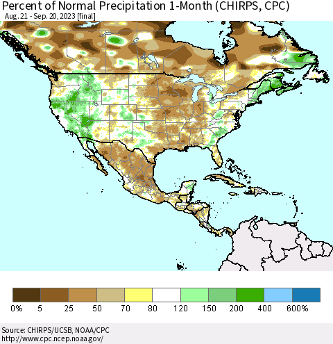 North America Percent of Normal Precipitation 1-Month (CHIRPS) Thematic Map For 8/21/2023 - 9/20/2023