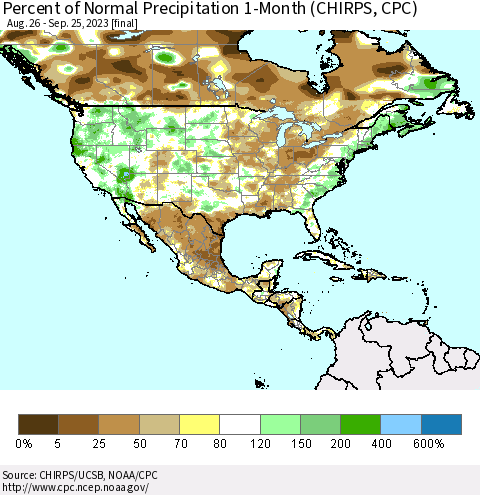 North America Percent of Normal Precipitation 1-Month (CHIRPS) Thematic Map For 8/26/2023 - 9/25/2023