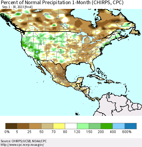 North America Percent of Normal Precipitation 1-Month (CHIRPS) Thematic Map For 9/1/2023 - 9/30/2023