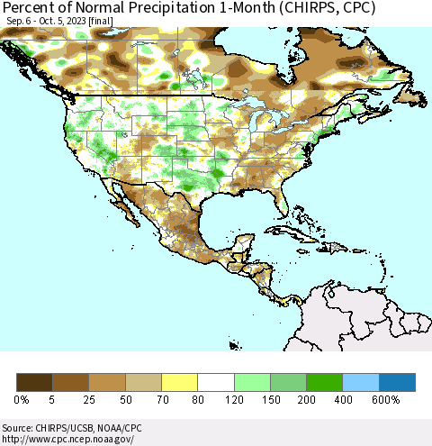 North America Percent of Normal Precipitation 1-Month (CHIRPS) Thematic Map For 9/6/2023 - 10/5/2023