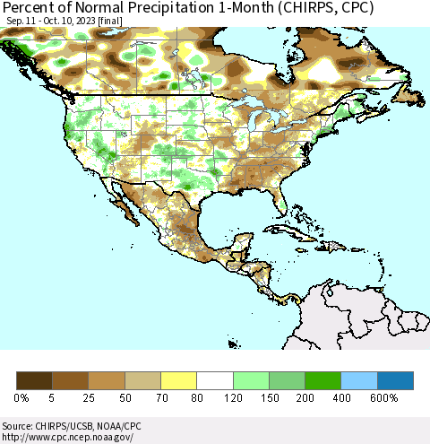 North America Percent of Normal Precipitation 1-Month (CHIRPS) Thematic Map For 9/11/2023 - 10/10/2023