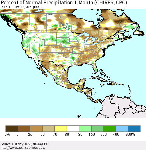 North America Percent of Normal Precipitation 1-Month (CHIRPS) Thematic Map For 9/16/2023 - 10/15/2023