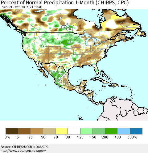 North America Percent of Normal Precipitation 1-Month (CHIRPS) Thematic Map For 9/21/2023 - 10/20/2023