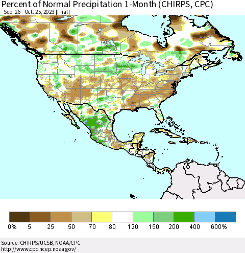 North America Percent of Normal Precipitation 1-Month (CHIRPS) Thematic Map For 9/26/2023 - 10/25/2023