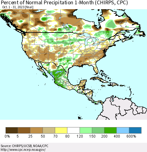 North America Percent of Normal Precipitation 1-Month (CHIRPS) Thematic Map For 10/1/2023 - 10/31/2023