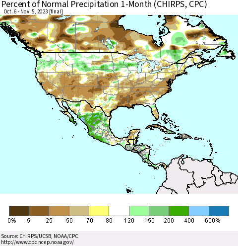 North America Percent of Normal Precipitation 1-Month (CHIRPS) Thematic Map For 10/6/2023 - 11/5/2023