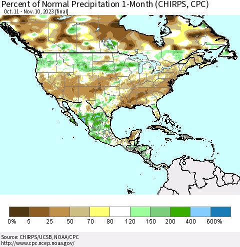 North America Percent of Normal Precipitation 1-Month (CHIRPS) Thematic Map For 10/11/2023 - 11/10/2023
