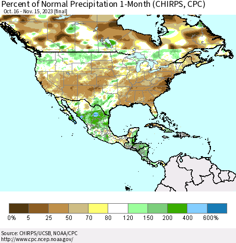 North America Percent of Normal Precipitation 1-Month (CHIRPS) Thematic Map For 10/16/2023 - 11/15/2023