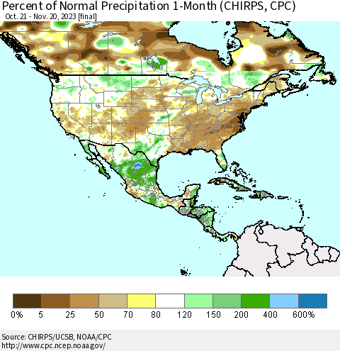 North America Percent of Normal Precipitation 1-Month (CHIRPS) Thematic Map For 10/21/2023 - 11/20/2023
