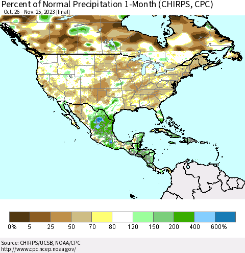 North America Percent of Normal Precipitation 1-Month (CHIRPS) Thematic Map For 10/26/2023 - 11/25/2023
