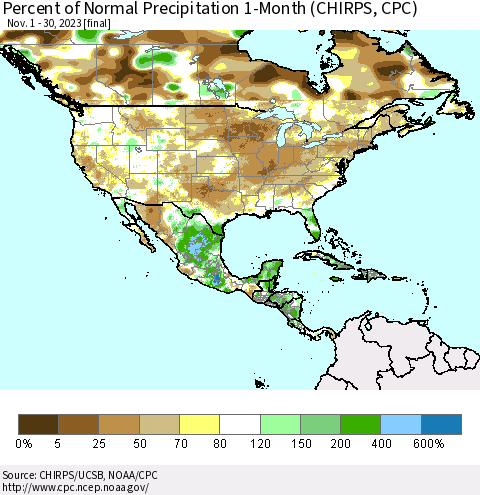 North America Percent of Normal Precipitation 1-Month (CHIRPS) Thematic Map For 11/1/2023 - 11/30/2023