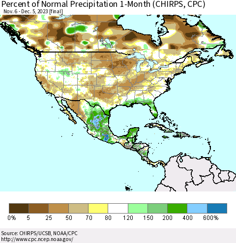 North America Percent of Normal Precipitation 1-Month (CHIRPS) Thematic Map For 11/6/2023 - 12/5/2023