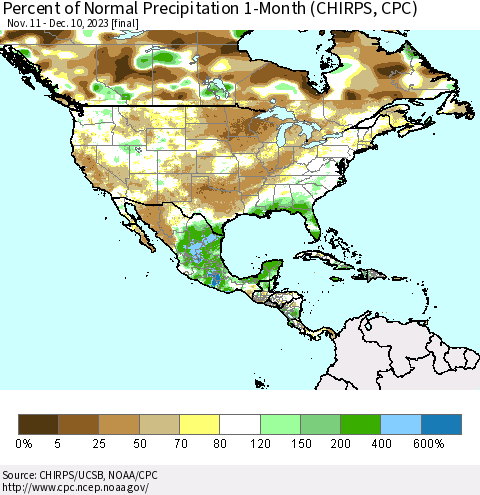 North America Percent of Normal Precipitation 1-Month (CHIRPS) Thematic Map For 11/11/2023 - 12/10/2023