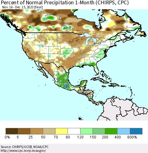 North America Percent of Normal Precipitation 1-Month (CHIRPS) Thematic Map For 11/16/2023 - 12/15/2023