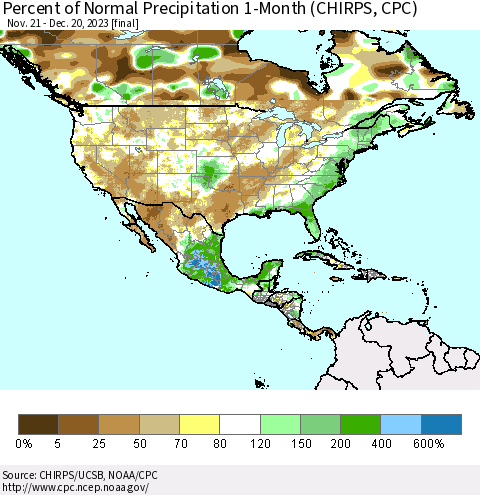 North America Percent of Normal Precipitation 1-Month (CHIRPS) Thematic Map For 11/21/2023 - 12/20/2023