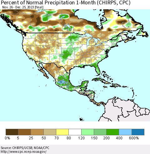 North America Percent of Normal Precipitation 1-Month (CHIRPS) Thematic Map For 11/26/2023 - 12/25/2023