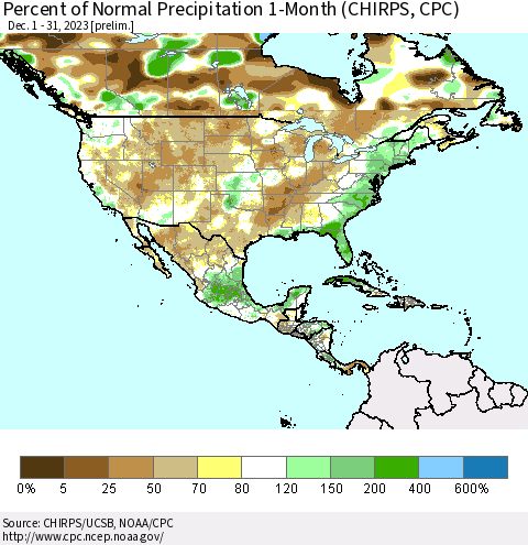North America Percent of Normal Precipitation 1-Month (CHIRPS) Thematic Map For 12/1/2023 - 12/31/2023