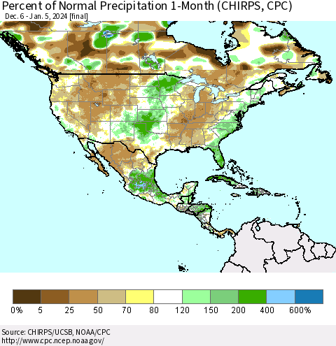 North America Percent of Normal Precipitation 1-Month (CHIRPS) Thematic Map For 12/6/2023 - 1/5/2024